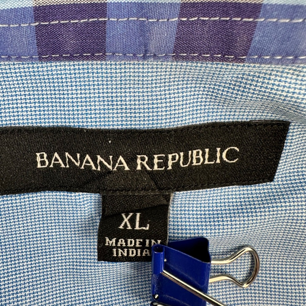 Banana Republic Mens XL Blue White Gingham Short SL Button Down Stretch‎ Shirts - Picture 14 of 16